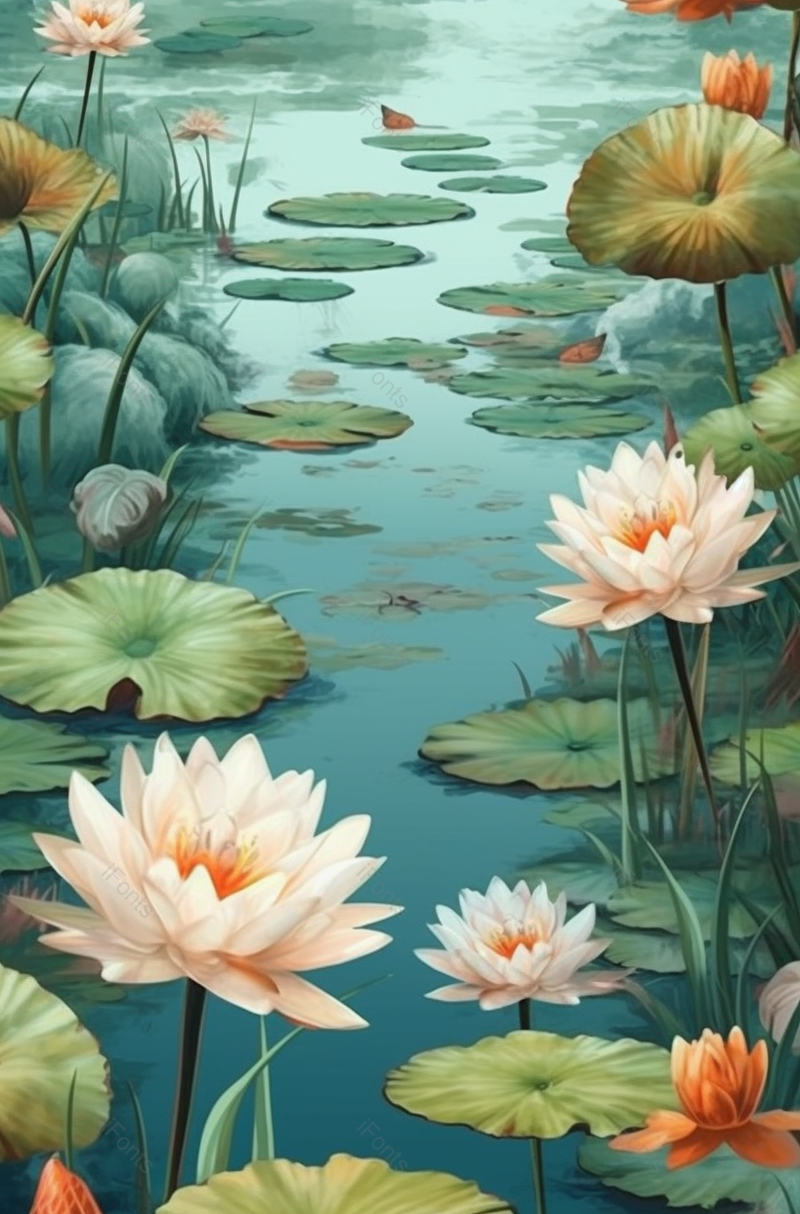 湖面上盛开的莲花手绘插画图,插画/手绘图,插画/手绘图库,插画/手绘图下载,插画/手绘
